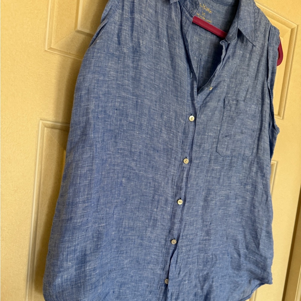 Lilly Pulitzer Breelyn Beckon Blue Sleeveless Button-Up Linen Shirt - Picture 7 of 7